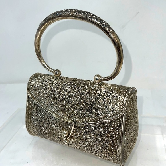 Sterling Silver 925 Filigree Etched Handbag - Picture 2 of 12
